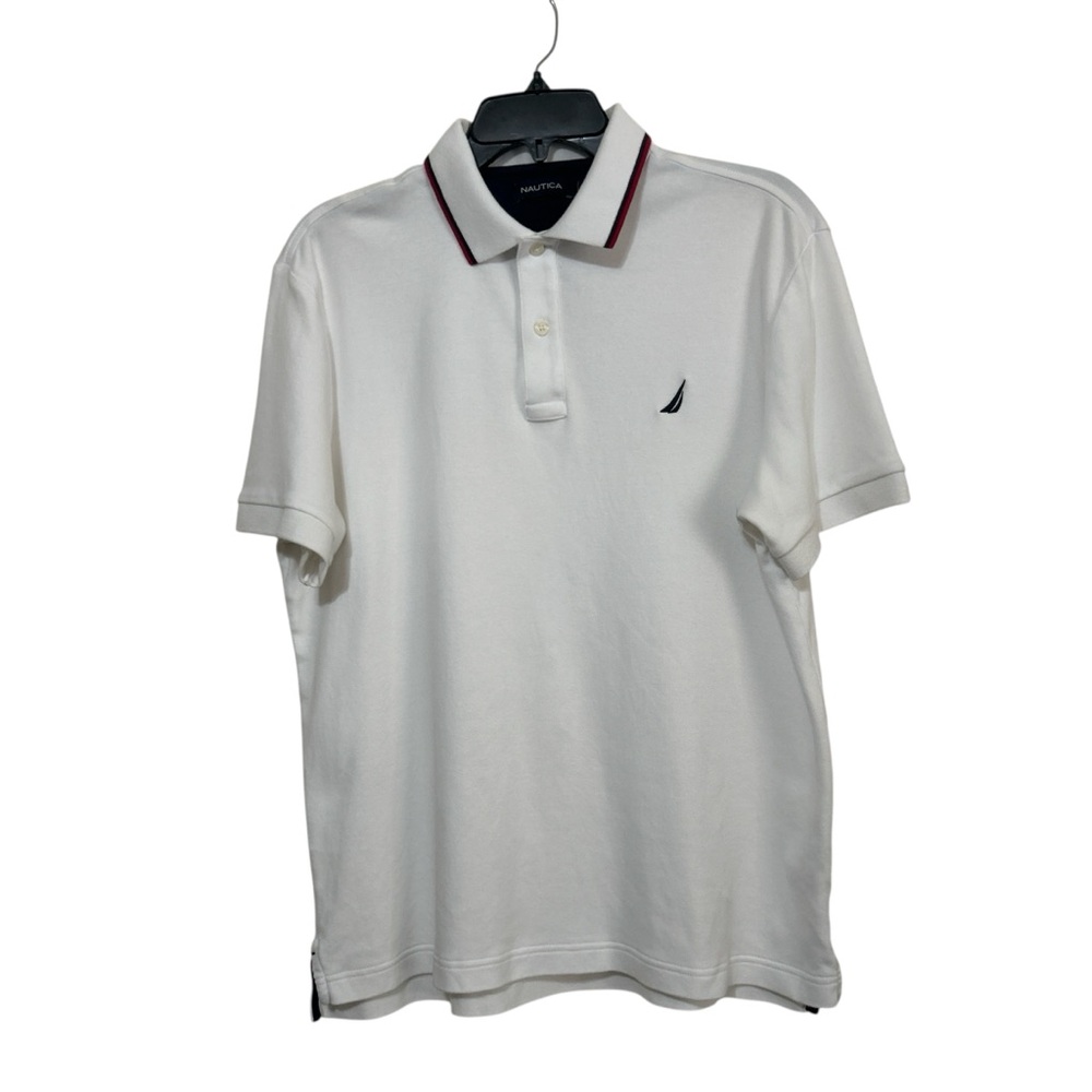 Nautica Classic White Cotton Polo Shirt w/ Red & Navy Trim | Size Medium - Picture 1 of 7